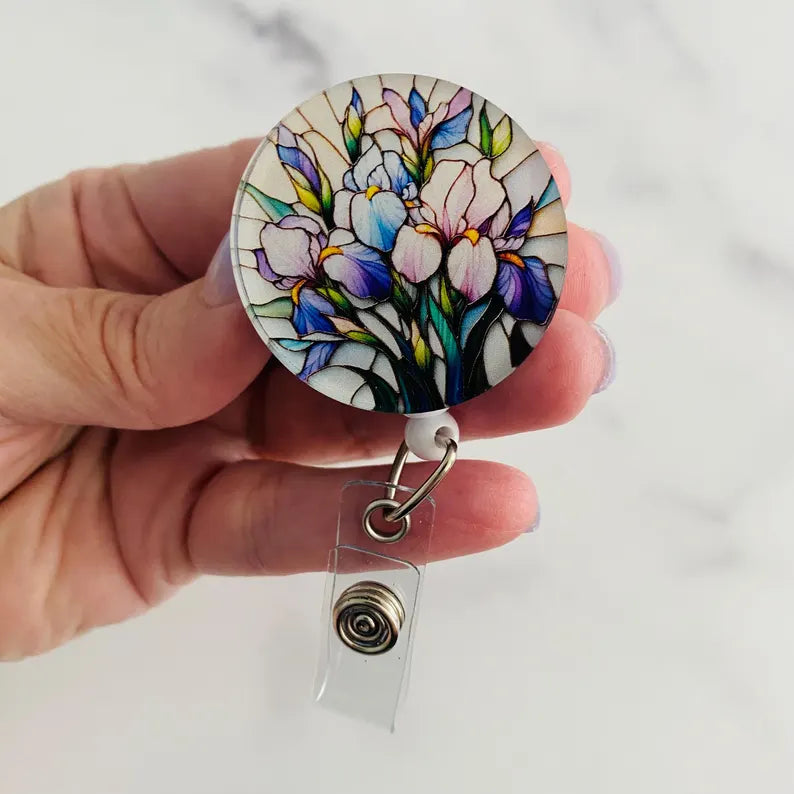Faux Stained Glass Tulips Badge Reel – Floral Art Retractable ID Holder