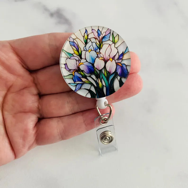 Faux Stained Glass Tulips Badge Reel – Floral Art Retractable ID Holder