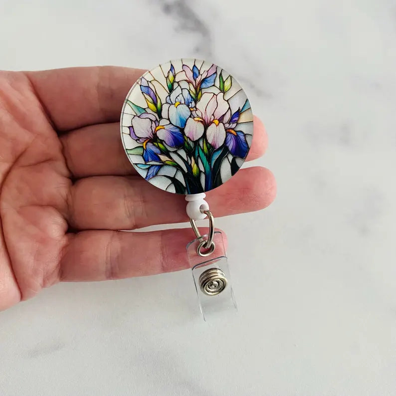 Faux Stained Glass Tulips Badge Reel – Floral Art Retractable ID Holder