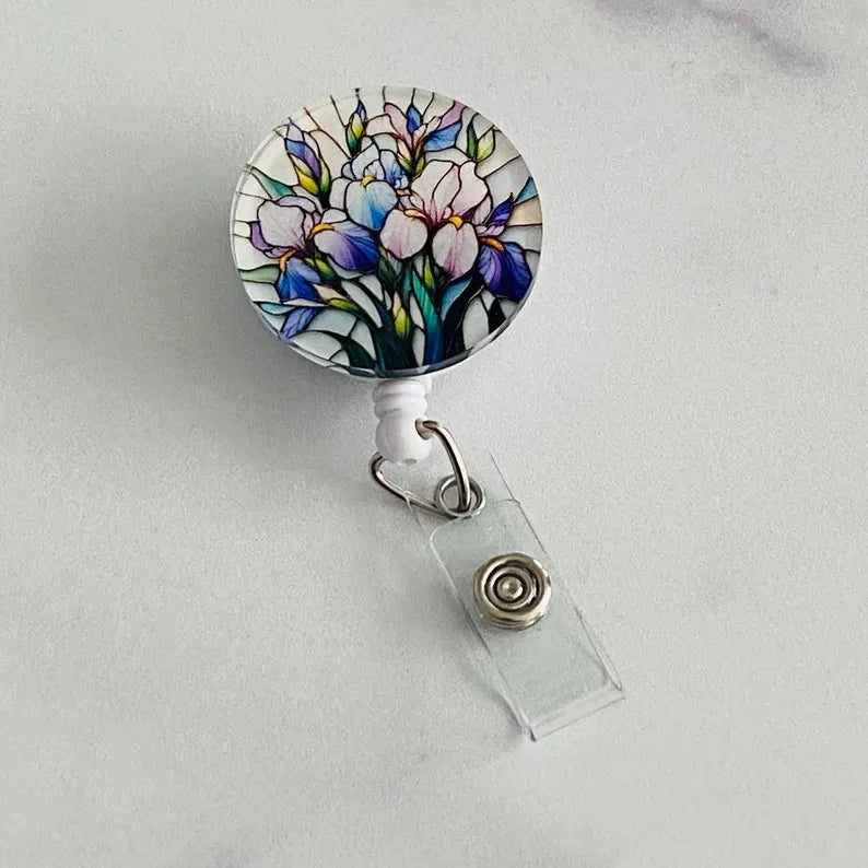 Faux Stained Glass Tulips Badge Reel – Floral Art Retractable ID Holder