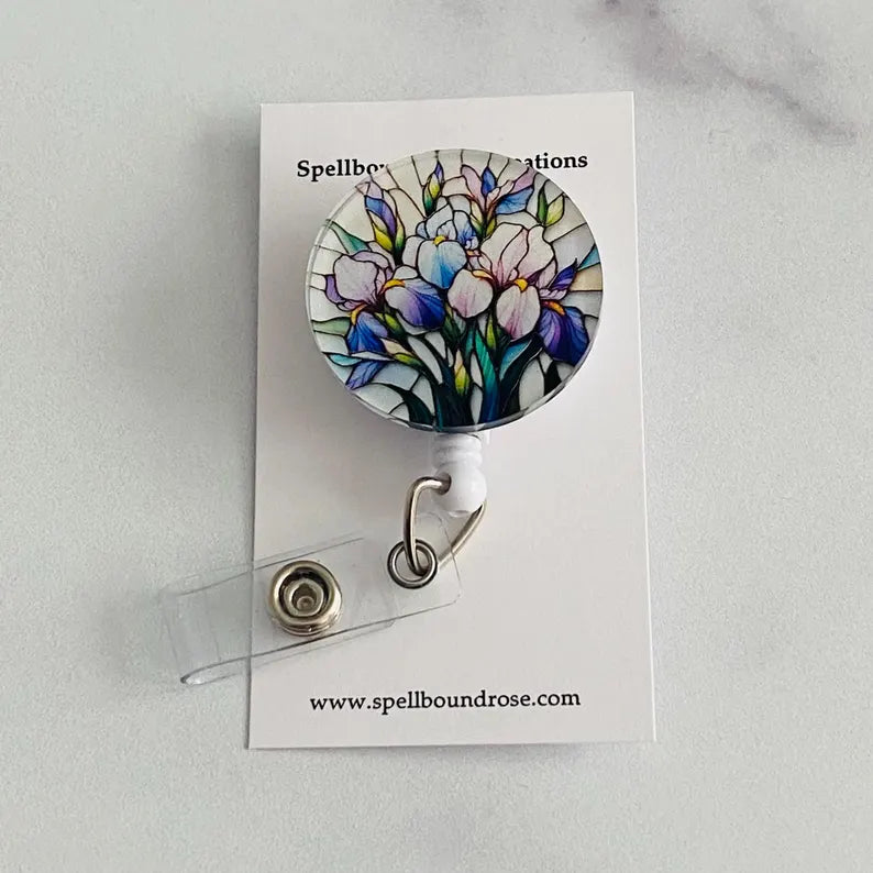 Faux Stained Glass Tulips Badge Reel – Floral Art Retractable ID Holder