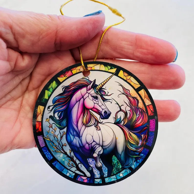 Unicorn Faux Stained Glass Ornament – Magical Fantasy Keepsake