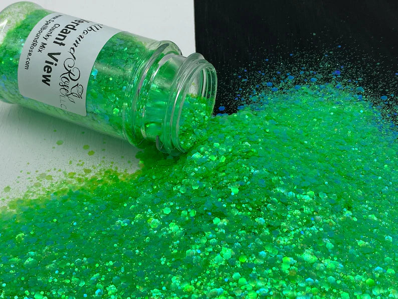 Verdant View Glitter – Neon Green Iridescent Chunky Mix Glitter (2 oz)