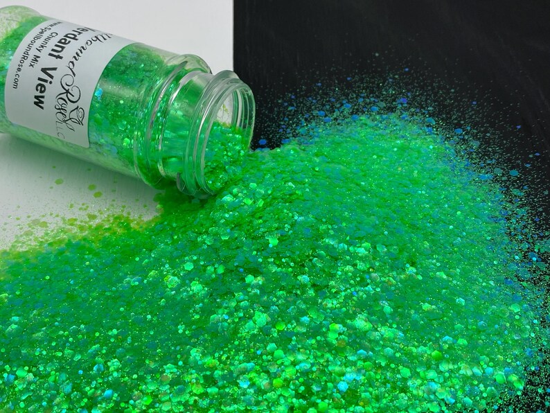 Verdant View Glitter – Neon Green Iridescent Chunky Mix Glitter (2 oz)