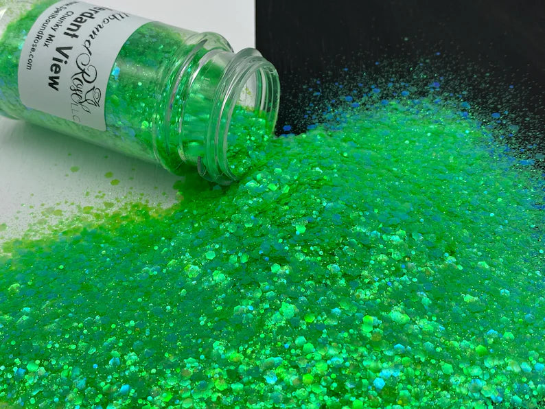 Verdant View Glitter – Neon Green Iridescent Chunky Mix Glitter (2 oz)