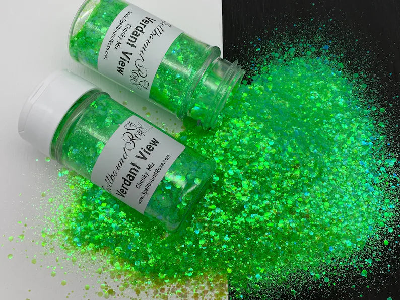 Verdant View Glitter – Neon Green Iridescent Chunky Mix Glitter (2 oz)