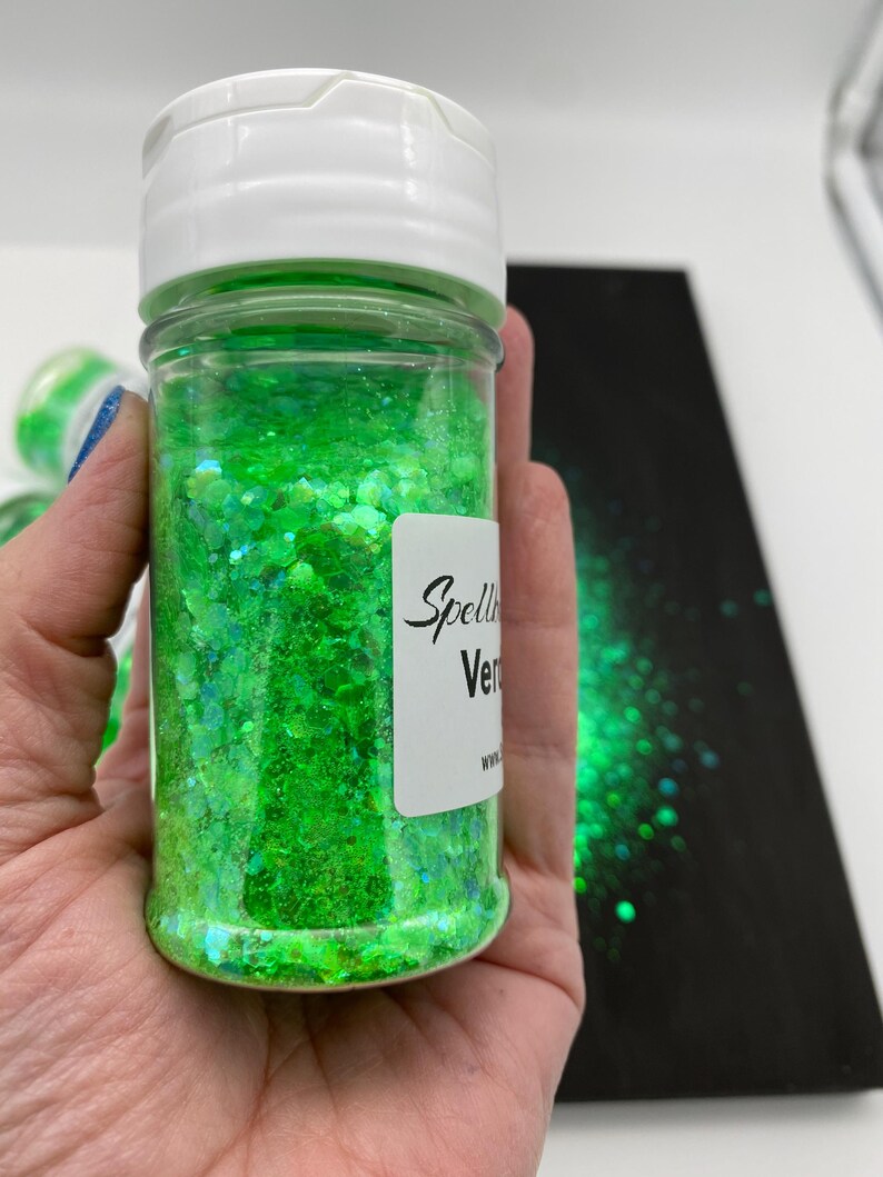 Verdant View Glitter – Neon Green Iridescent Chunky Mix Glitter (2 oz)
