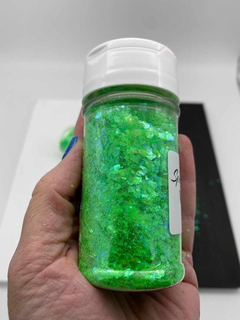 Verdant View Glitter – Neon Green Iridescent Chunky Mix Glitter (2 oz)