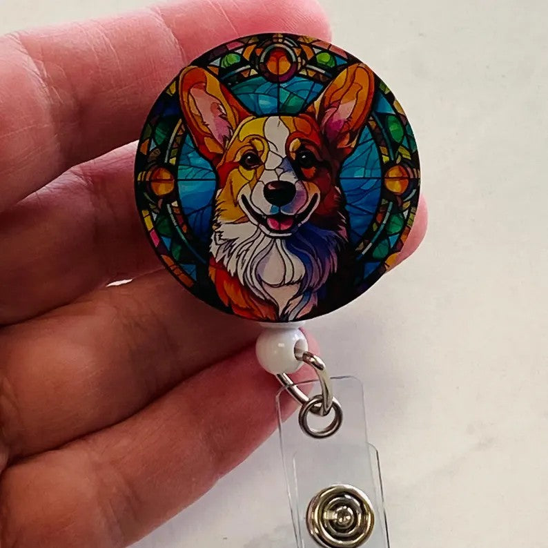 Pembroke Welsh Corgi Faux Stained Glass Badge Reel – Cute Dog ID Holder
