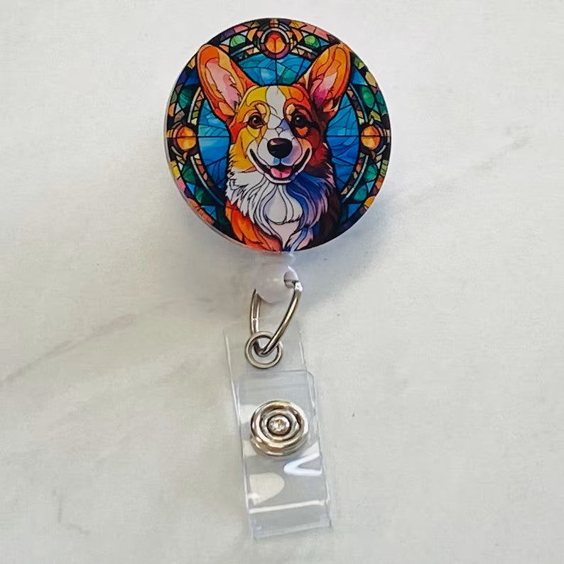 Pembroke Welsh Corgi Faux Stained Glass Badge Reel – Cute Dog ID Holder