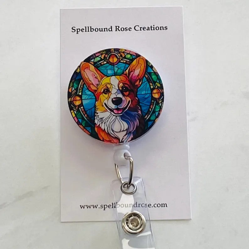Pembroke Welsh Corgi Faux Stained Glass Badge Reel – Cute Dog ID Holder