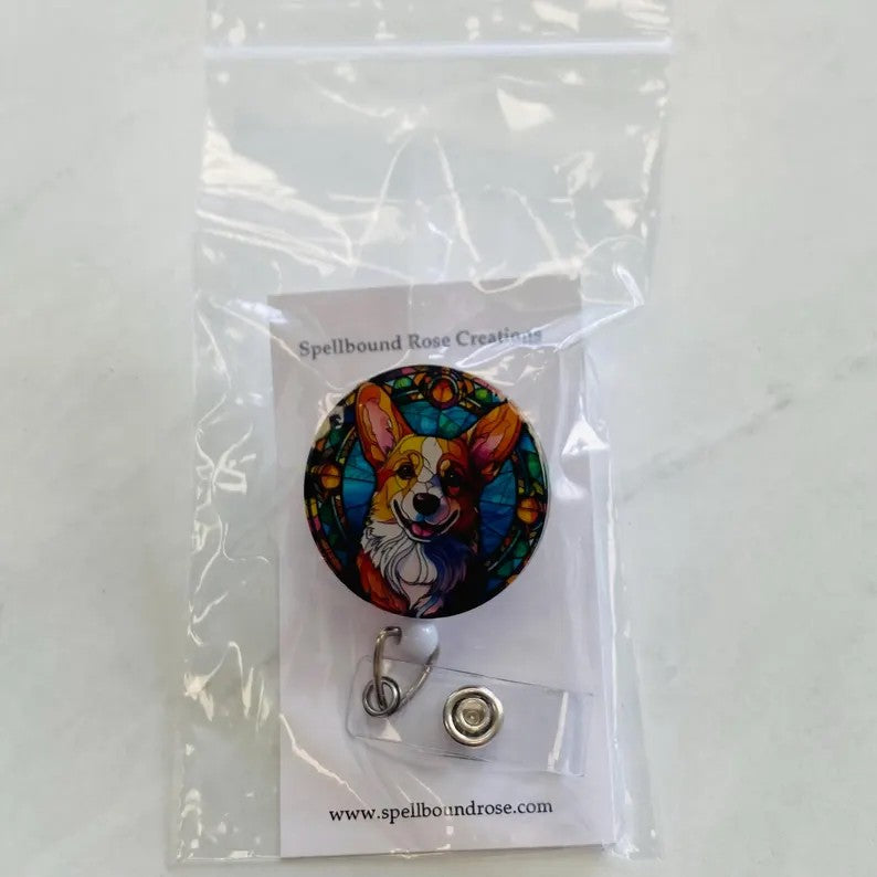 Pembroke Welsh Corgi Faux Stained Glass Badge Reel – Cute Dog ID Holder