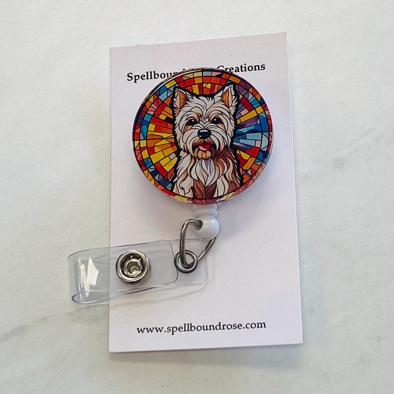 Westie Faux Stained Glass Badge Reel – West Highland Terrier ID Holder