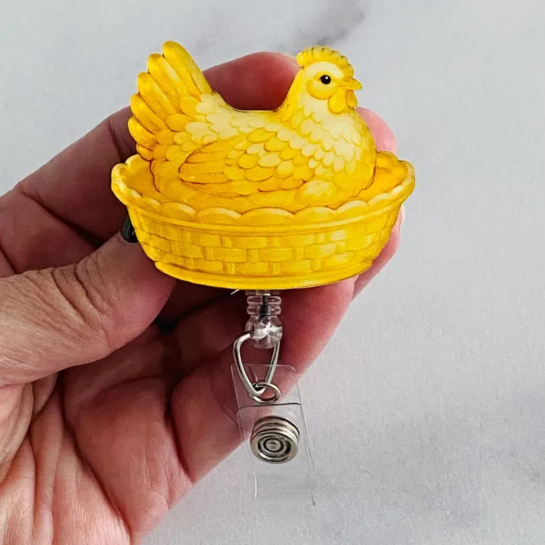 Yellow Hen on Nest Badge Reel – Bright Farmhouse ID Holder