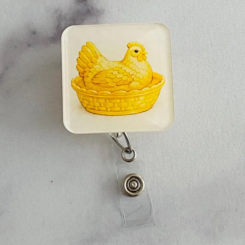 Yellow Hen in Dish Badge Reel – Colorful Farm Animal ID Holder