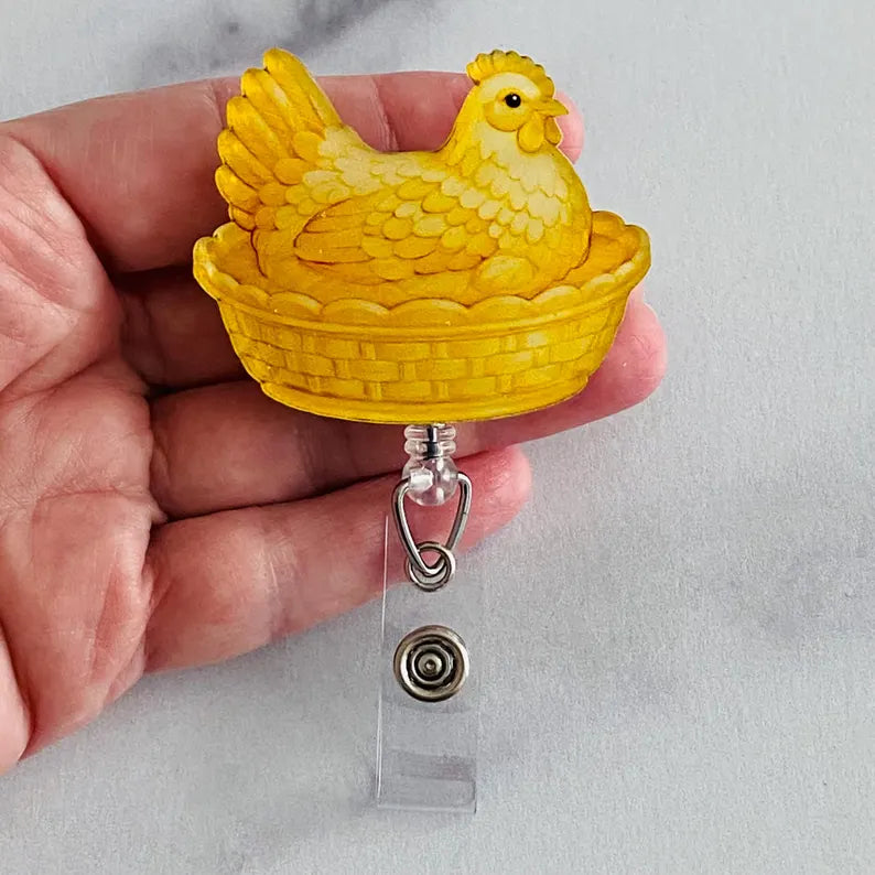 Yellow Hen on Nest Badge Reel – Bright Farmhouse ID Holder