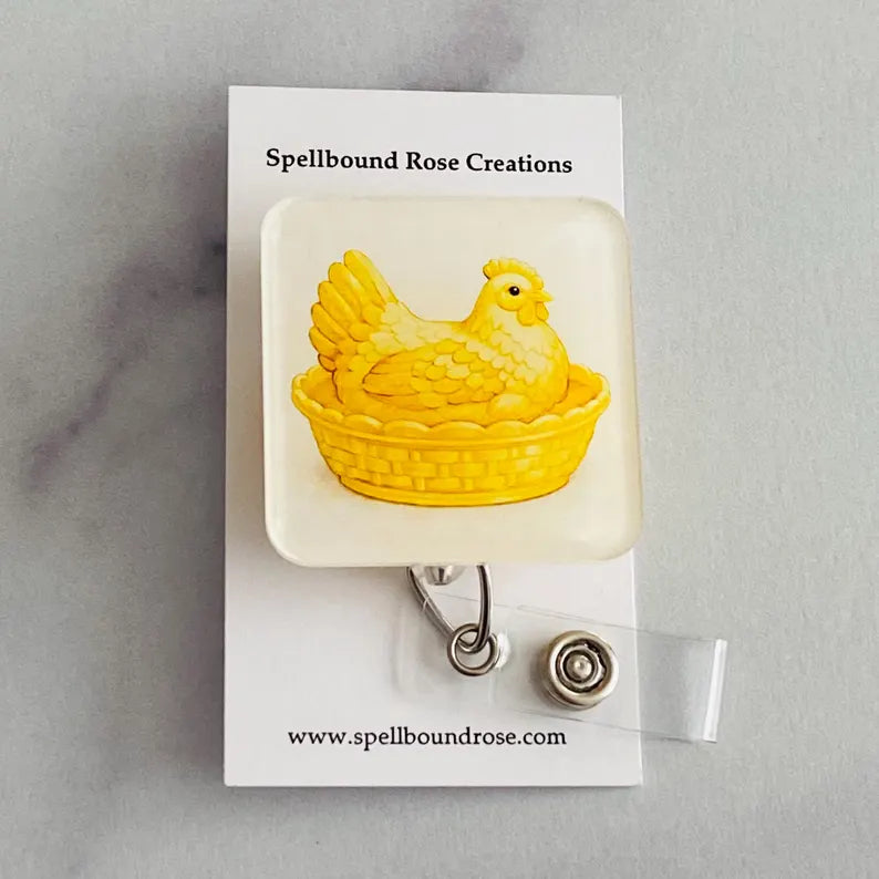 Yellow Hen in Dish Badge Reel – Colorful Farm Animal ID Holder