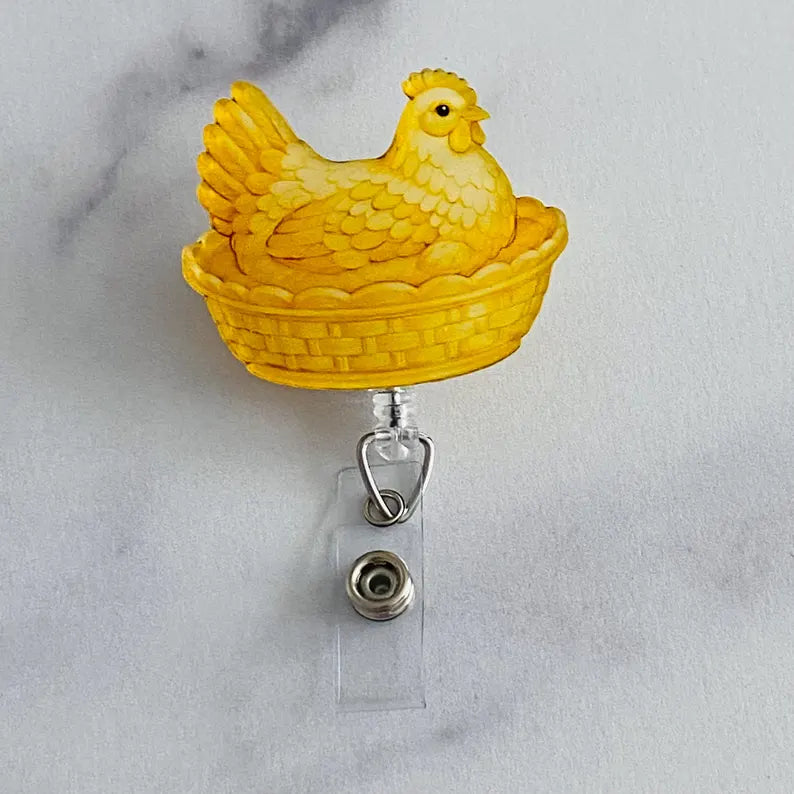 Yellow Hen on Nest Badge Reel – Bright Farmhouse ID Holder