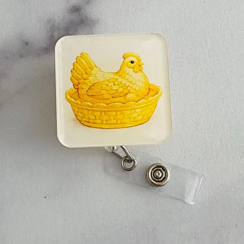 Yellow Hen in Dish Badge Reel – Colorful Farm Animal ID Holder