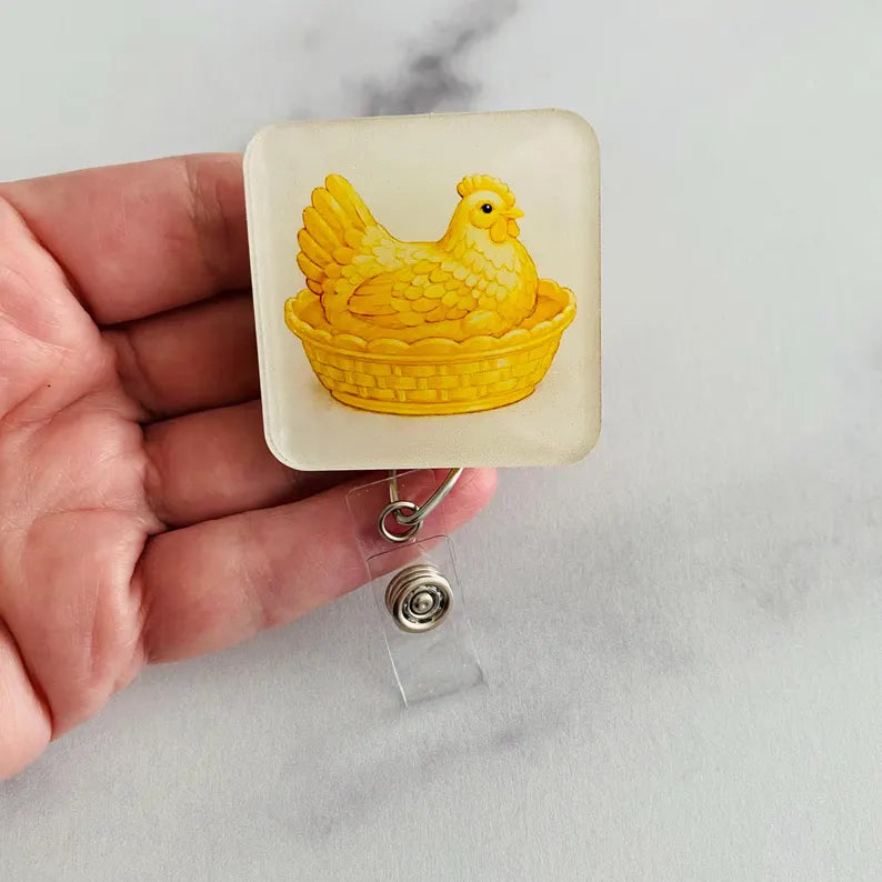 Yellow Hen in Dish Badge Reel – Colorful Farm Animal ID Holder