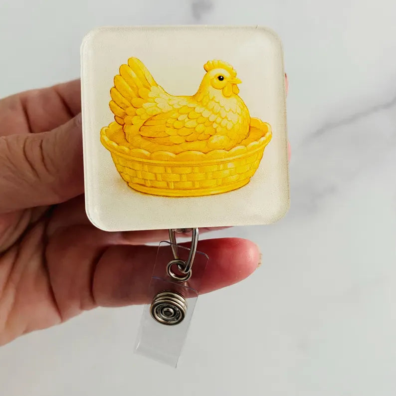 Yellow Hen in Dish Badge Reel – Colorful Farm Animal ID Holder