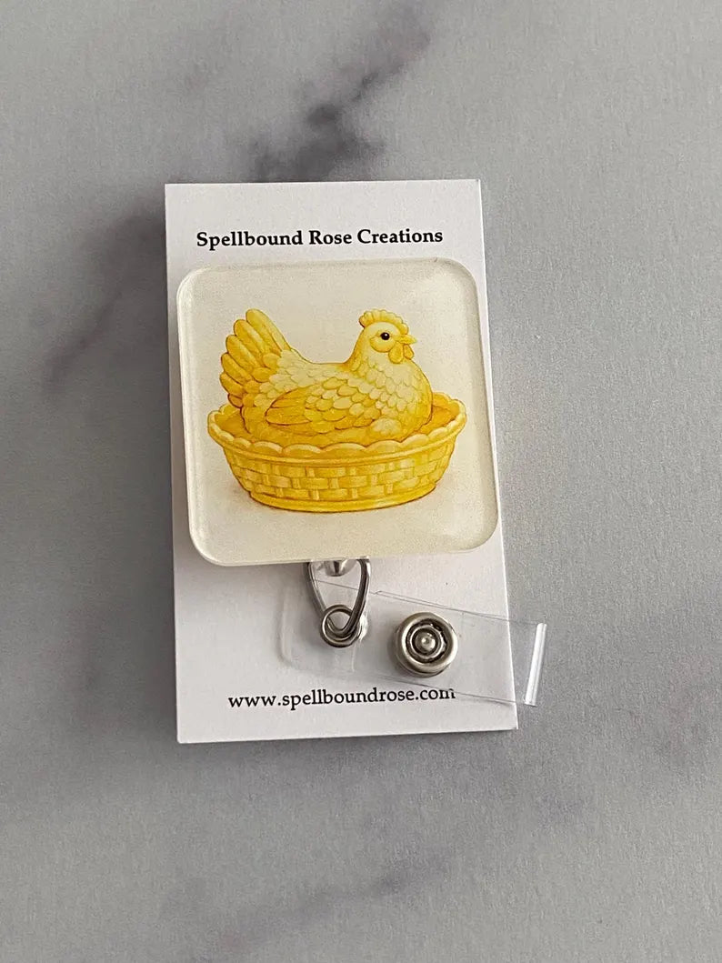 Yellow Hen in Dish Badge Reel – Colorful Farm Animal ID Holder