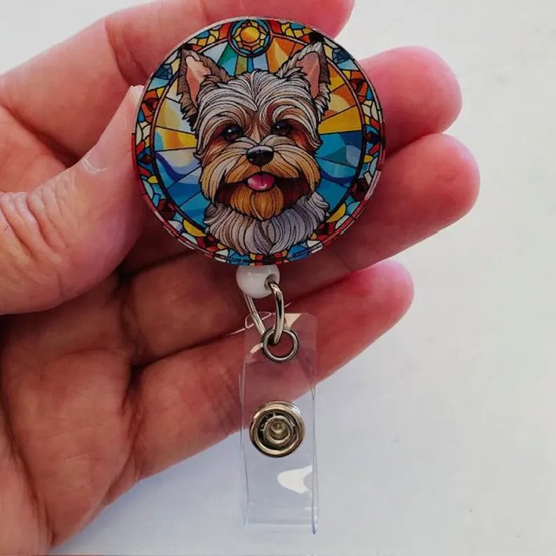 Yorkie Faux Stained Glass Badge Reel – Yorkshire Terrier ID Holder