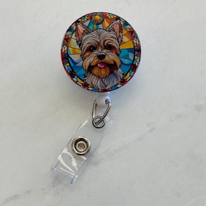 Yorkie Faux Stained Glass Badge Reel – Yorkshire Terrier ID Holder