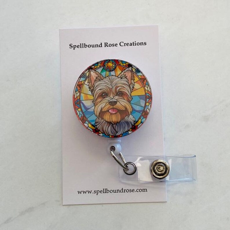 Yorkie Faux Stained Glass Badge Reel – Yorkshire Terrier ID Holder