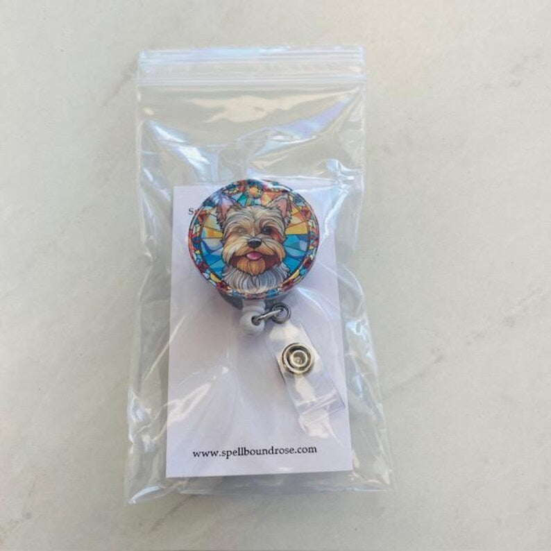 Yorkie Faux Stained Glass Badge Reel – Yorkshire Terrier ID Holder