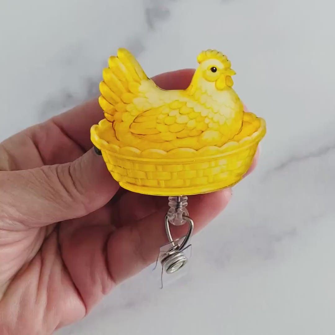 Yellow Hen on Nest Badge Reel – Bright Farmhouse ID Holder