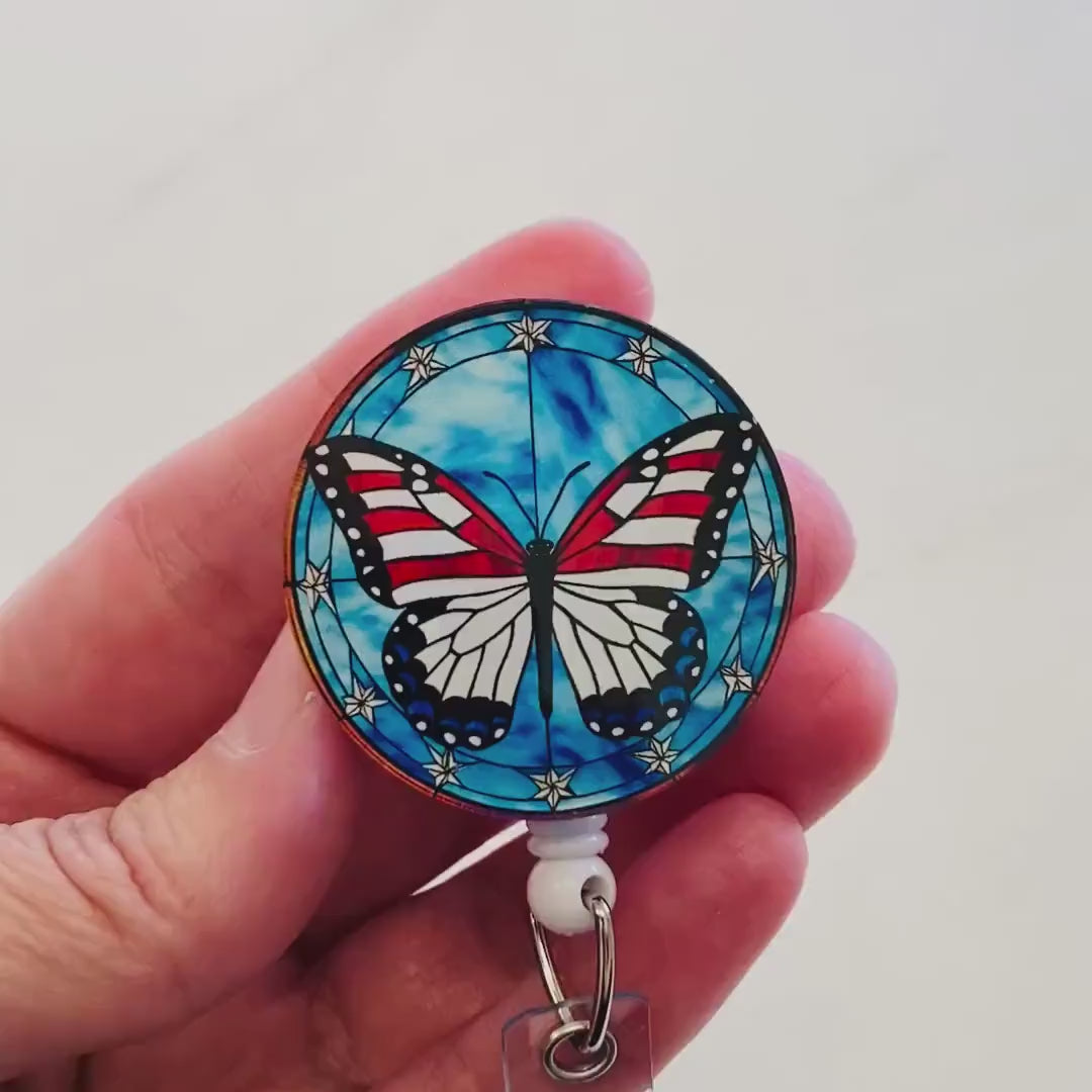 Patriotic Butterfly Badge Reel – Faux Stained Glass Red, White & Blue ID Holder