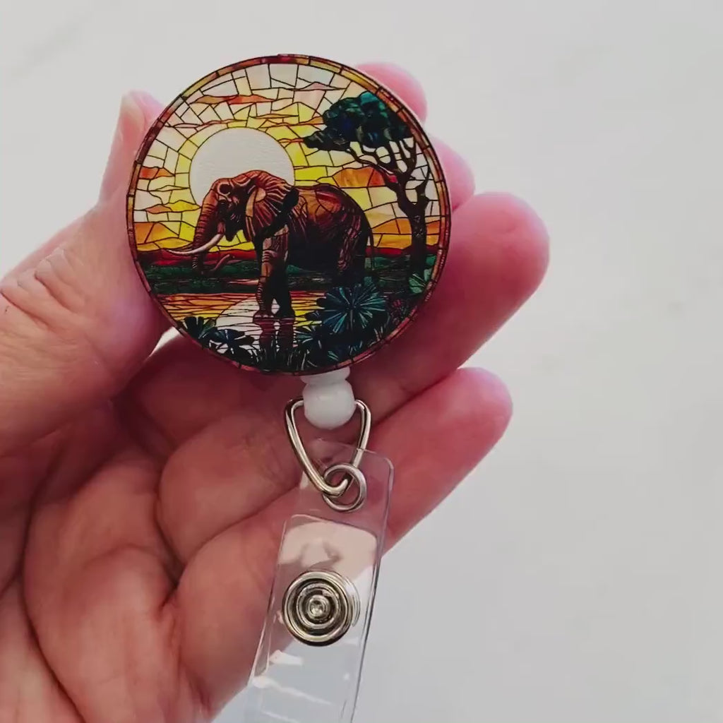Faux Stained Glass Elephant Badge Reel – Wildlife Retractable ID Holder