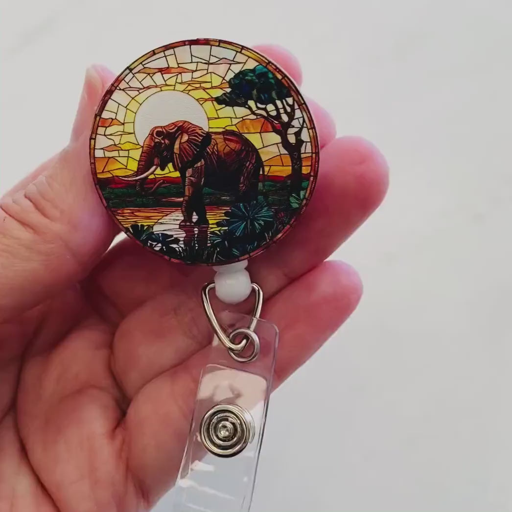 Faux Stained Glass Elephant Badge Reel – Wildlife Retractable ID Holder