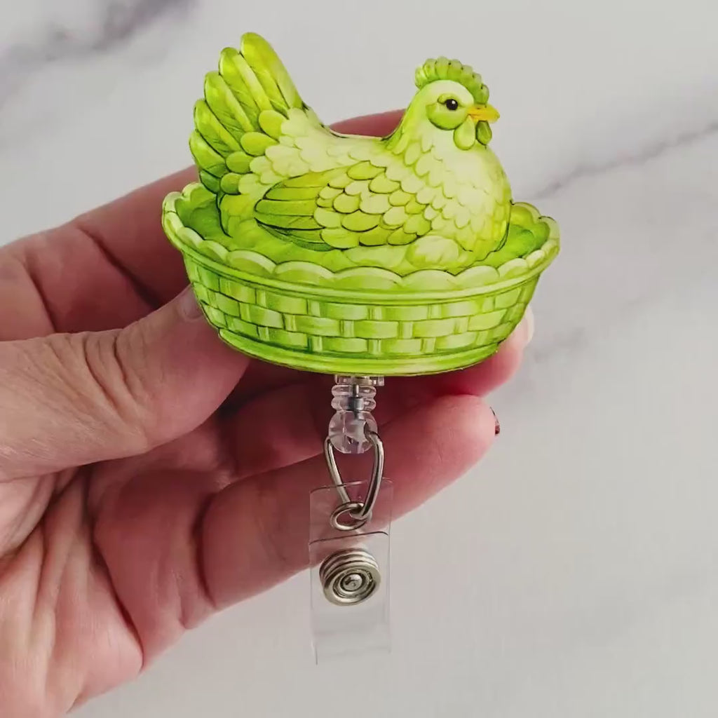 Green Hen on Nest Badge Reel – Fresh Farmhouse Style ID Holder