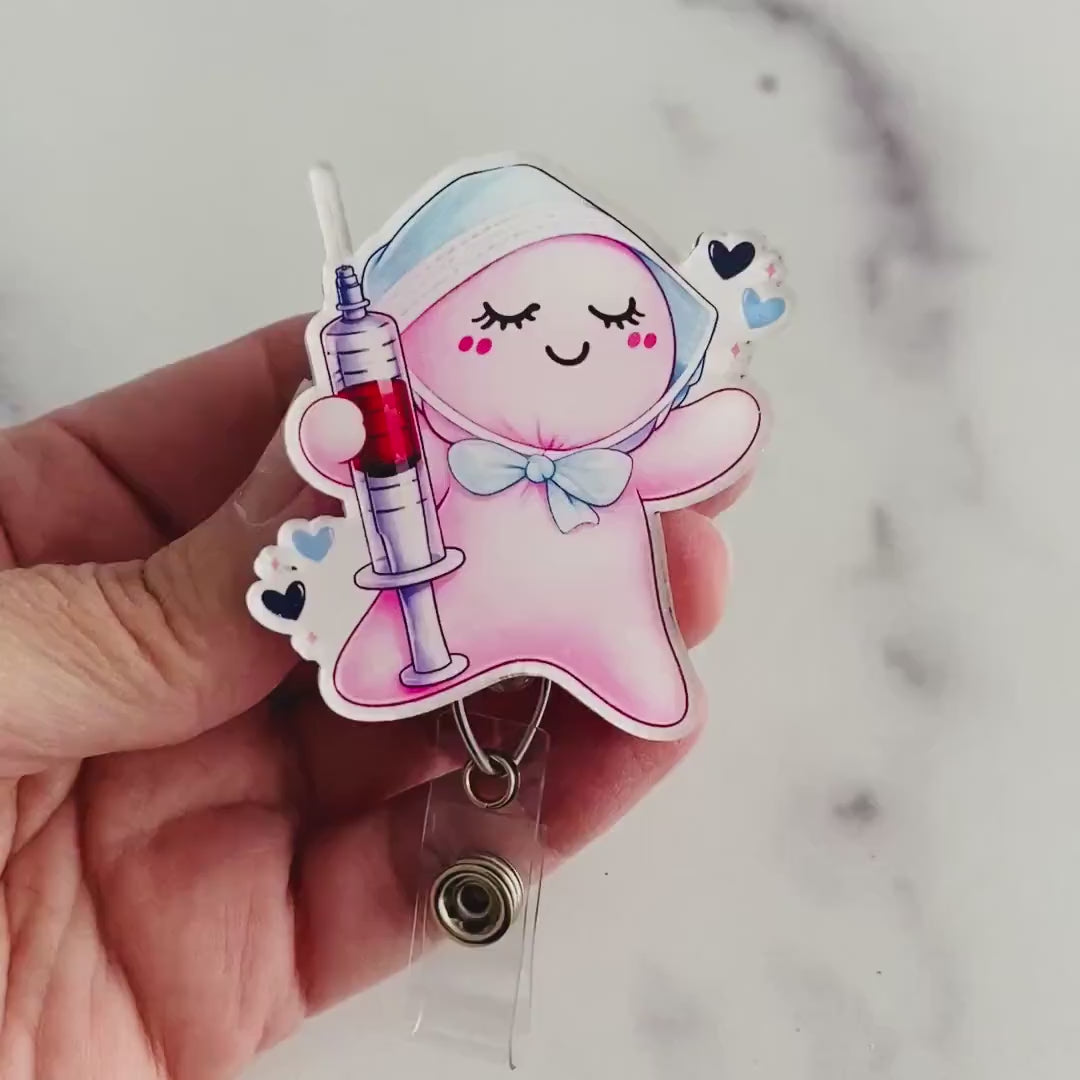 Cute Nurse Pink Glove Doll Syringe Badge Reel | Syringe Medical ID Holder