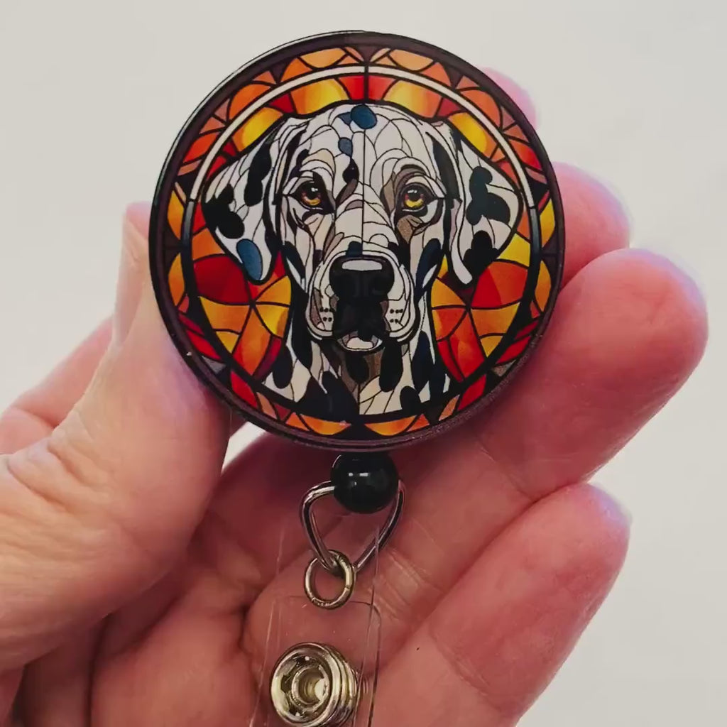 Dalmatian Faux Stained Glass Badge Reel – Spotted Dog Lover ID Holder