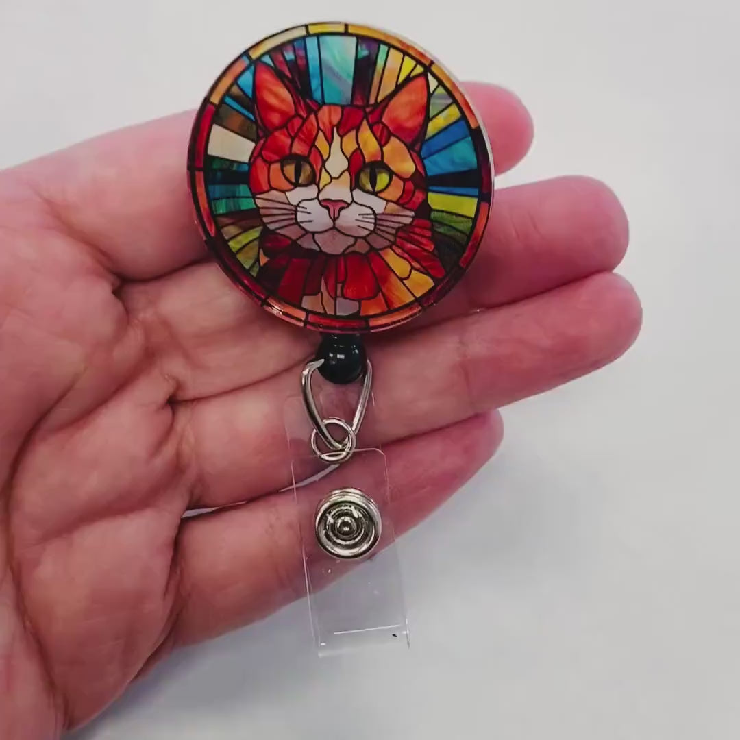 Orange Tabby Cat Badge Reel – Faux Stained Glass, Colorful Cat Lover ID Holder
