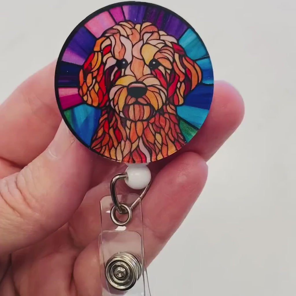 Labradoodle Faux Stained Glass Badge Reel – Colorful Dog Lover ID Holder