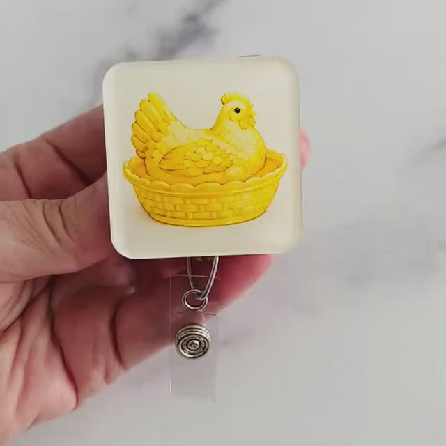 Yellow Hen in Dish Badge Reel – Colorful Farm Animal ID Holder