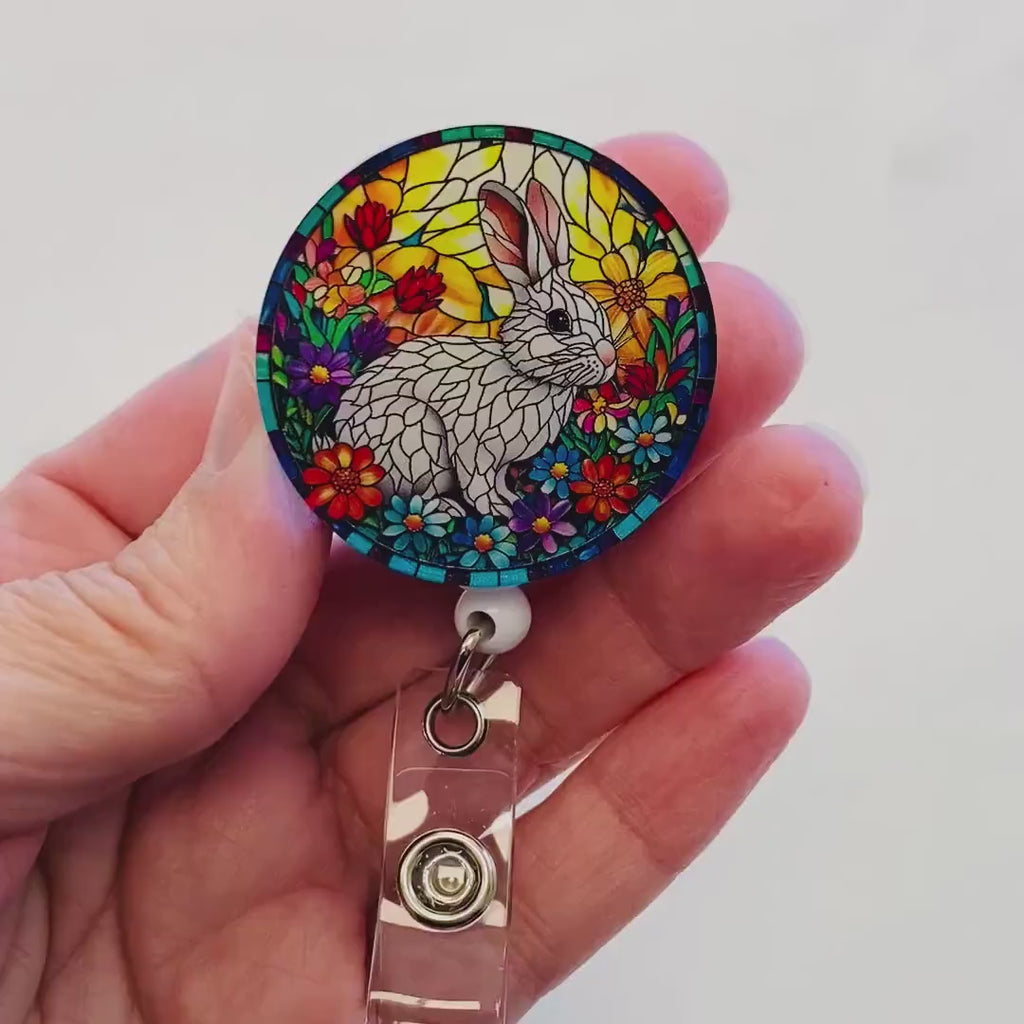 Bunny Faux Stained Glass Badge Reel – Floral Rabbit ID Holder