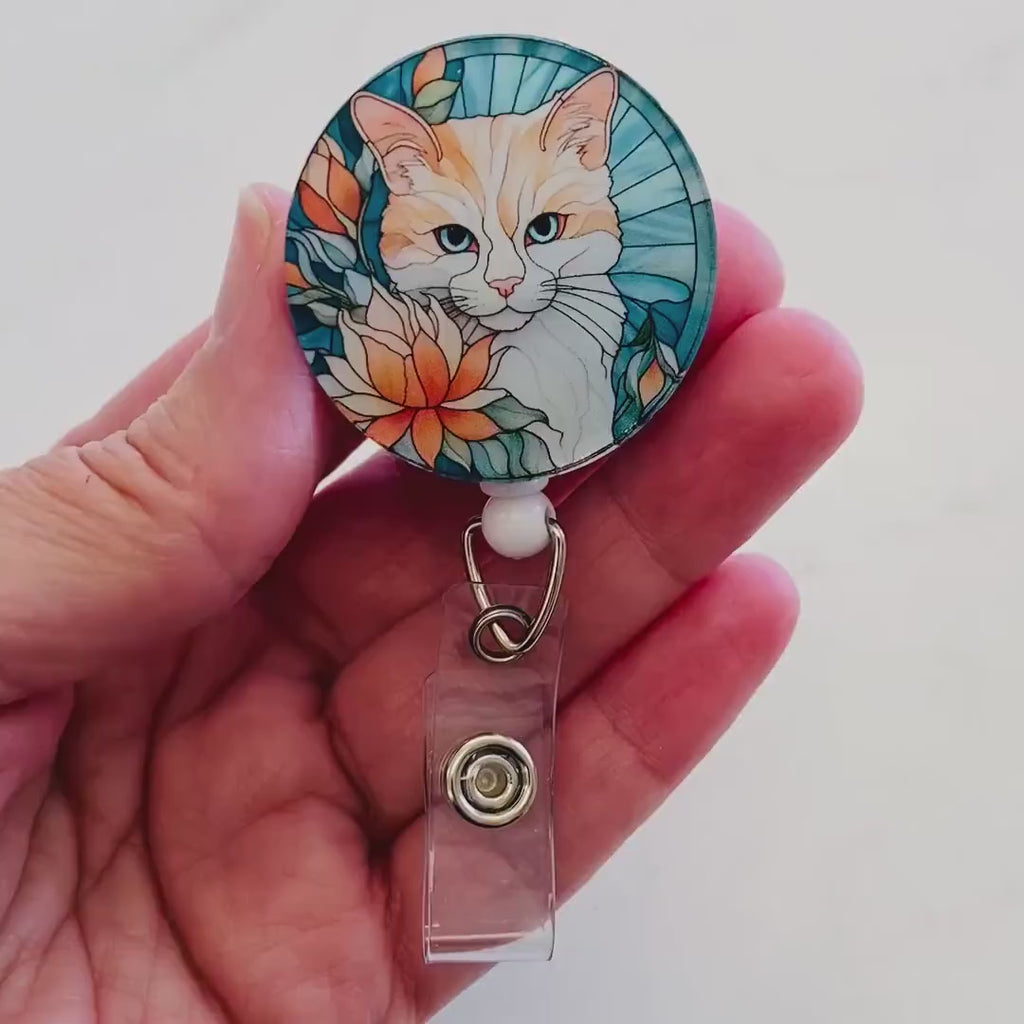 Floral Cat Faux Stained Glass Badge Reel – Elegant Cat Lover ID Holder