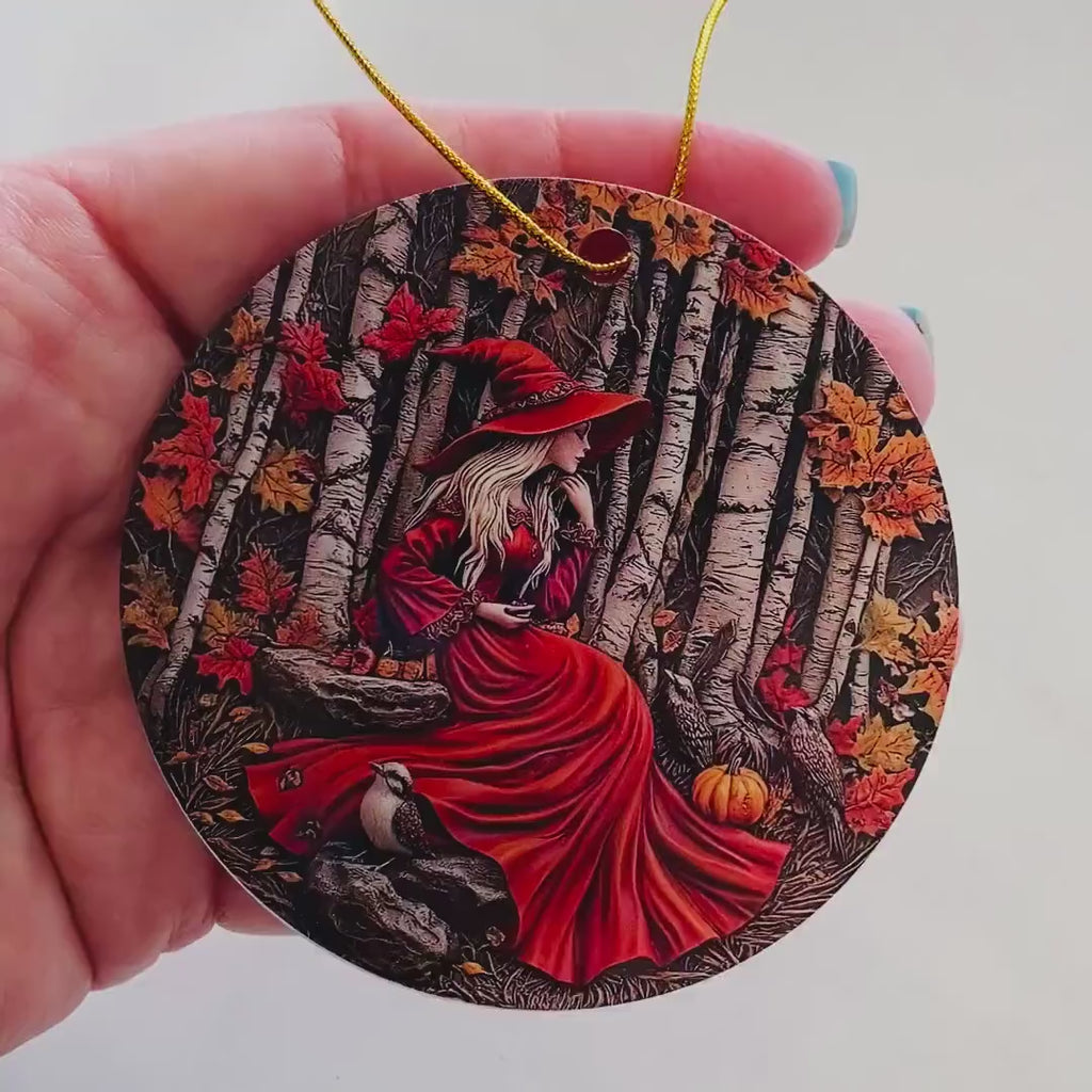 Crimson Witch Ornament – Autumn Magic in Stillness