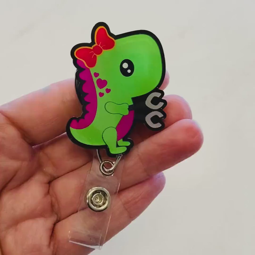 Cute Dino Badge Reel – Kawaii T-Rex Girl ID Holder