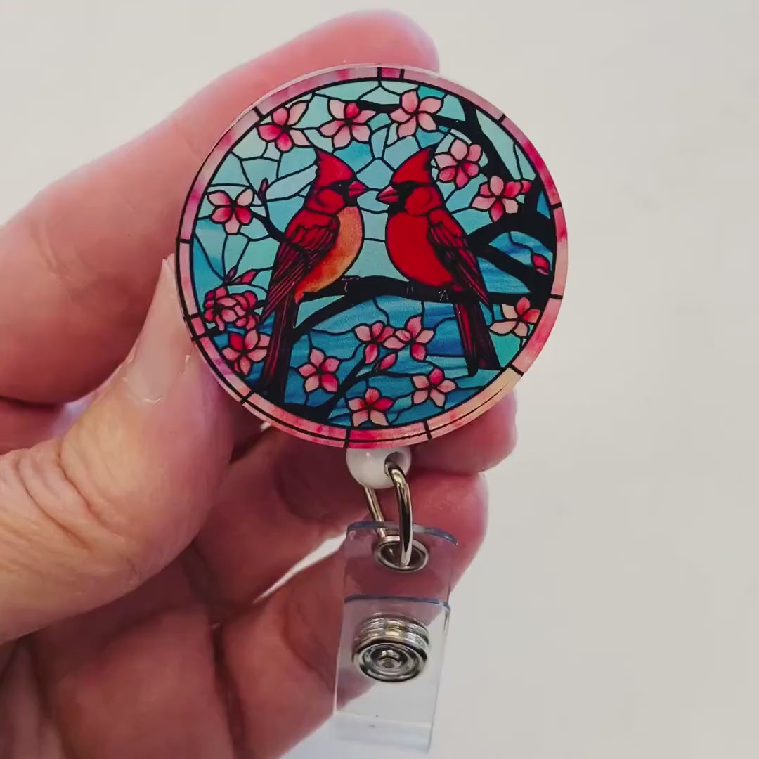 Cardinal Badge Reel –  Faux Stained Glass Bird Lover Floral ID Holder