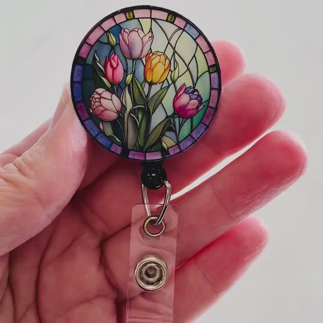 Tulip Faux Stained Glass Badge Reel – Floral Art ID Holder