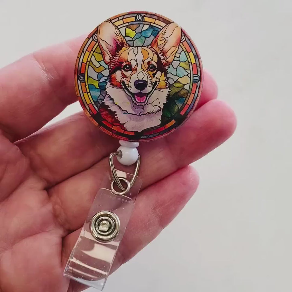 Corgi Faux Stained Glass Badge Reel – Cute Dog ID Holder