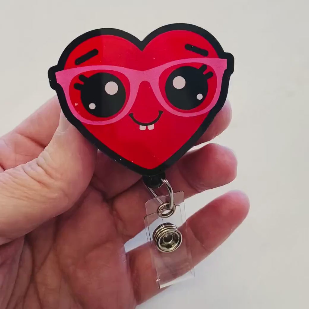 Cute Heart with Glasses Badge Reel – Fun & Playful ID Holder