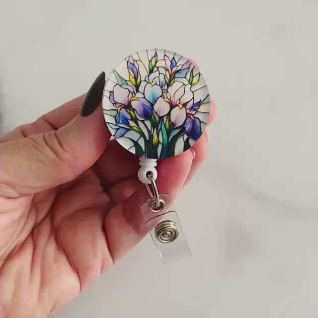 Faux Stained Glass Tulips Badge Reel – Floral Art Retractable ID Holder