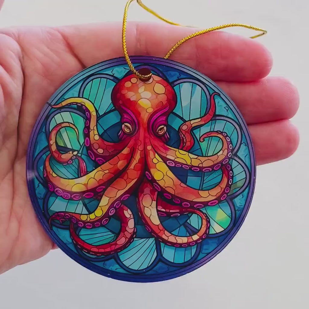 Octopus Faux Stained Glass Ornament – Vibrant Ocean Art Keepsake